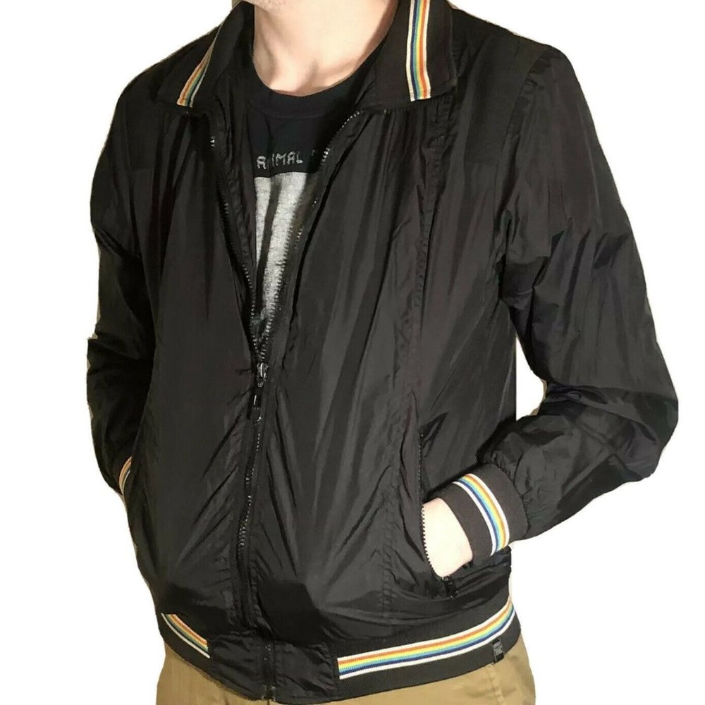 Y2K Opposite Streetwear Brand Black Bomber Jacket with Rainbow Band